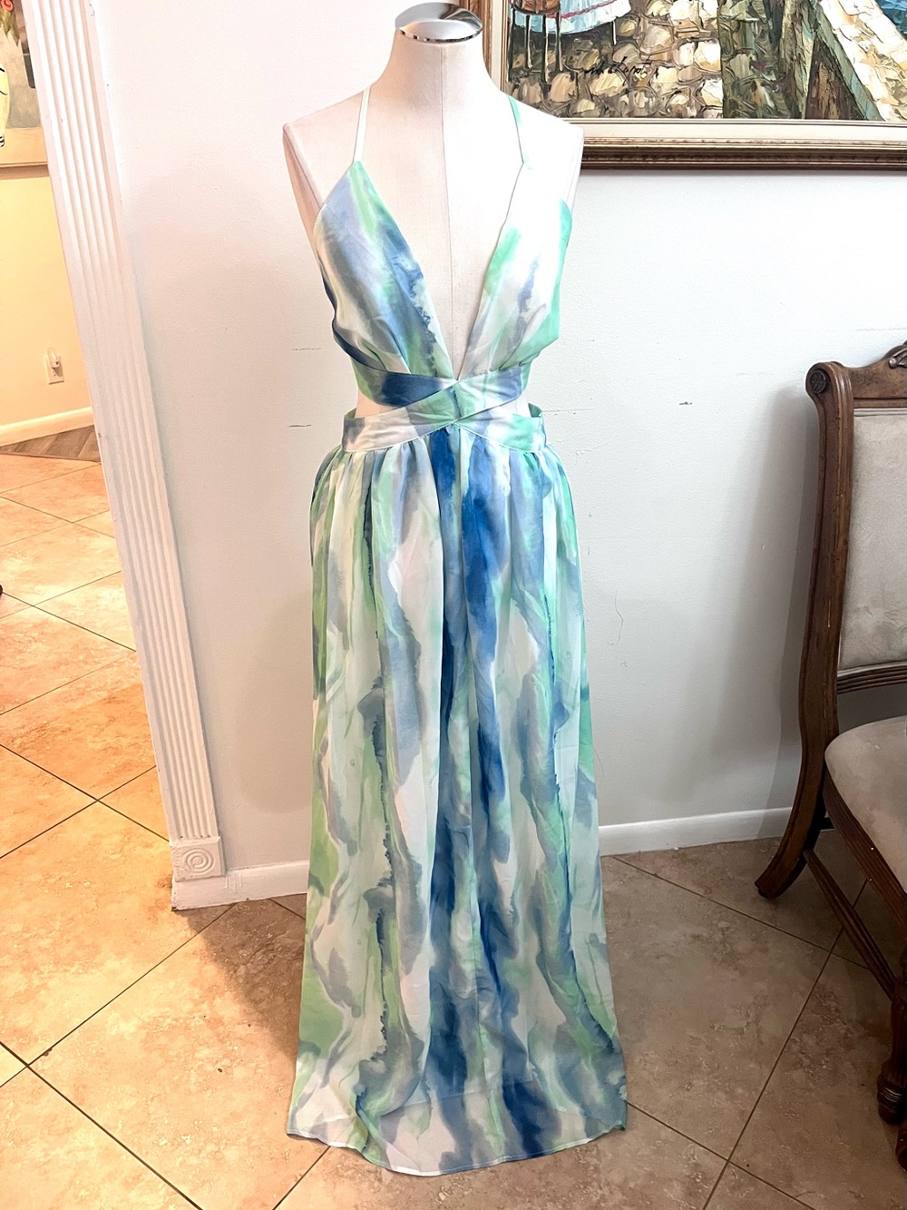 Fashion Nova Blue and Seafoam Tie-Dye Maxi Dress